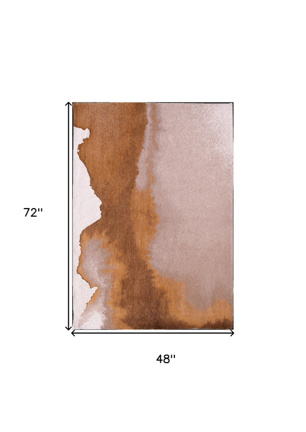 HomeRoots 5' Modern Yellow and Brown Abstract Non-Skid Area Rug - Stylish, Safe, and Easy to Maintain for Any Space 551787