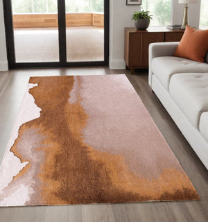 HomeRoots 5' Modern Yellow and Brown Abstract Non-Skid Area Rug - Stylish, Safe, and Easy to Maintain for Any Space 551787