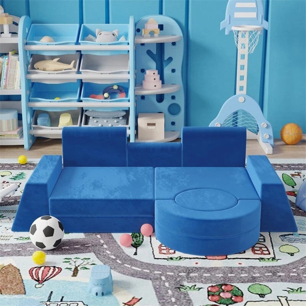 English Elm 13 Piece Modular Foam Play Couch Velvet Sectional for Creative Kids Playroom Blue T5880P493407