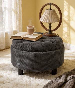 English Elm 25 Inch Round Fabric Pouf Ottoman with Removable Wooden Lid and Hidden Interior Storage Dark Grey W5568P461310