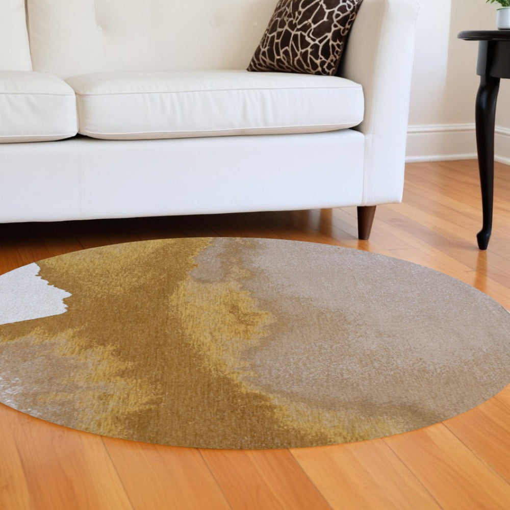 HomeRoots 5' Contemporary Gray and Yellow Round Abstract Area Rug with Non-Skid Backing for Home Decor 551824