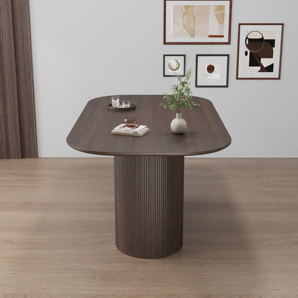 English Elm 63 Elegant MDF Dining Table with Carved Round Legs, Stain‑Resistant Surface, Seats 4‑8, Modern Appeal Brown W2189S00651