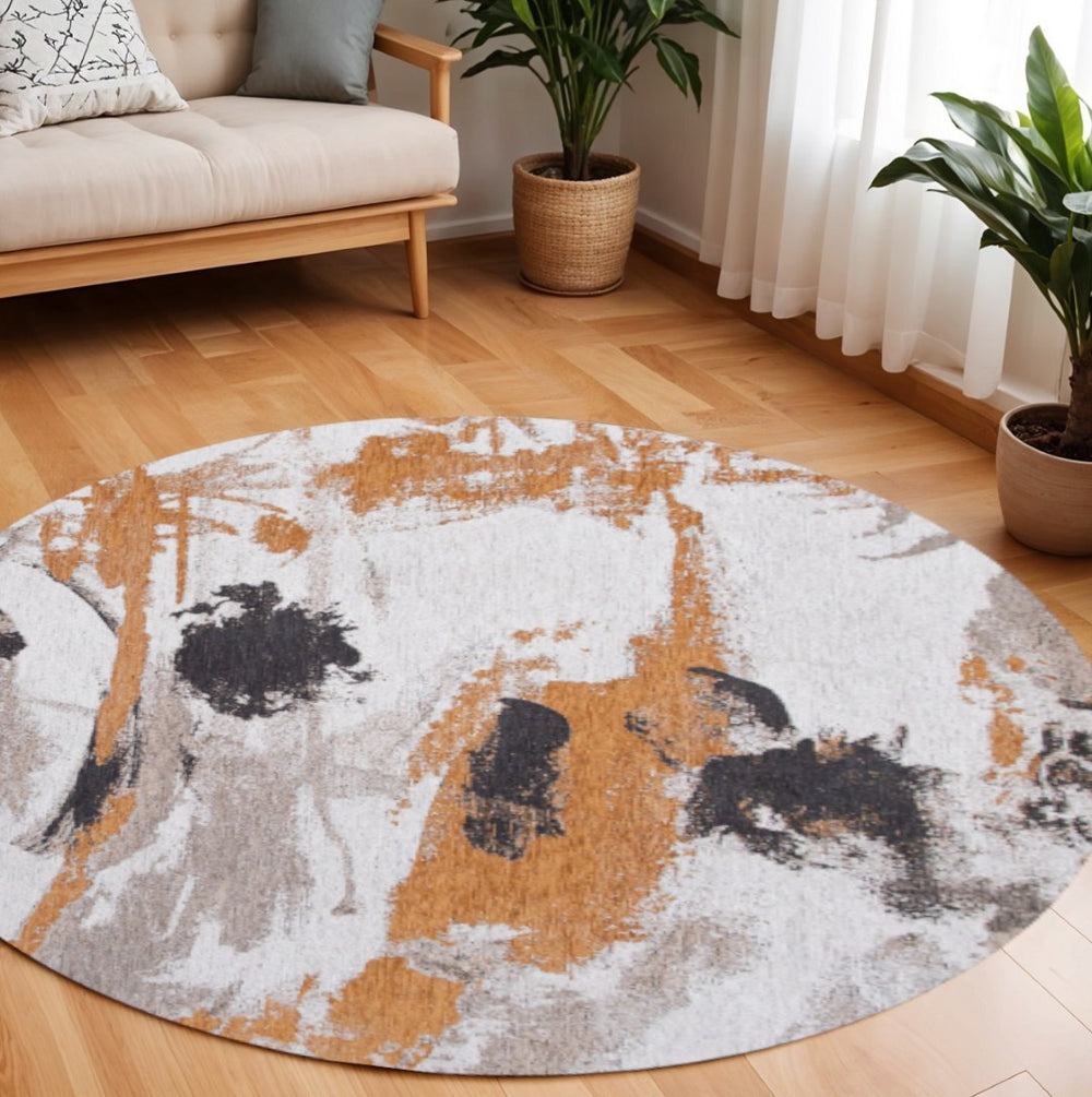 HomeRoots 8' Gray and White Round Abstract Non-Skid Area Rug – Modern Design for Stylish Living Spaces & Durability 551875