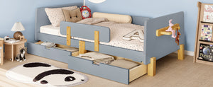 English Elm Twin Low Profile Kids Floor Bed Pine Wood Frame with Safety Rail and Built in Bookshelf Gray W1580P373243