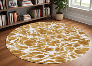 Homeroots 8' Yellow And Brown Round Abstract Non Skid Area Rug  100% Pet 551902