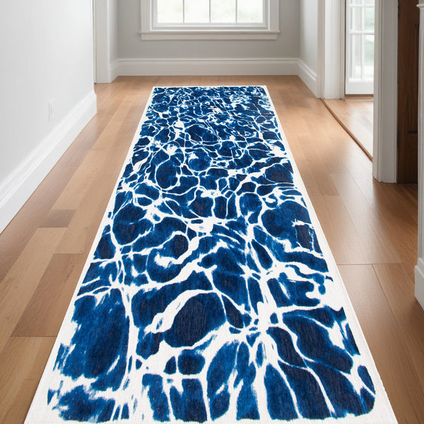 Homeroots 10' Blue And White Abstract Non Skid Area Rug  100% Pet 551904