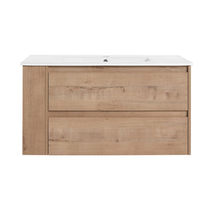 English Elm 36" Wall Mounting Bathroom Vanity With Ceramic Sink, Side Adjustable Shelf, Soft-Close Drawers, Water-Resistant Plywood Finish W999S00142