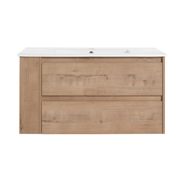 English Elm 36" Wall Mounting Bathroom Vanity With Ceramic Sink, Side Adjustable Shelf, Soft-Close Drawers, Water-Resistant Plywood Finish W999S00142