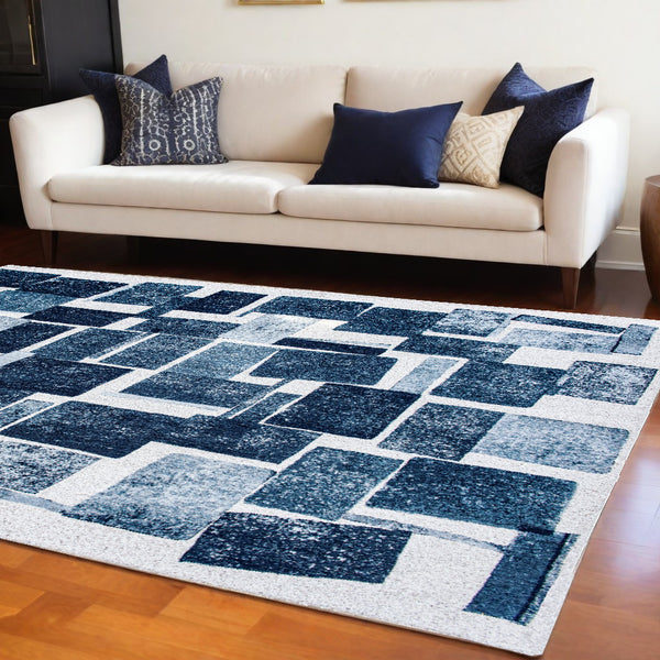 Homeroots 6' X 8' Blue And White Geometric Non Skid Area Rug  100% Pet 551932