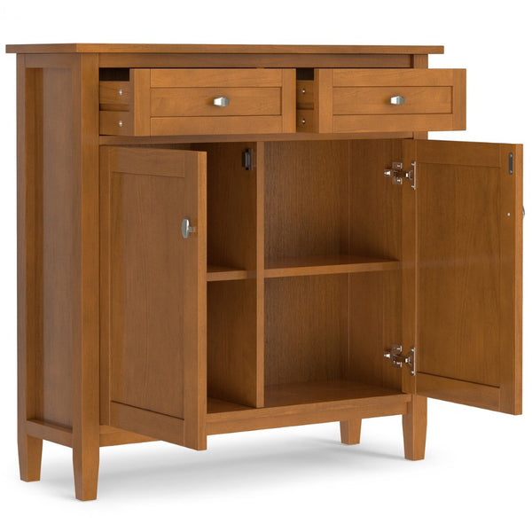 English Elm Warm Shaker Solid Wood Entryway Cabinet with Drawers and Adjustable Shelves in Golden Brown B136P436045