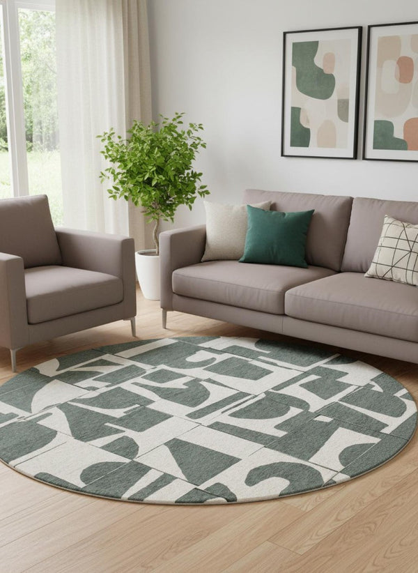 Round Washable Geometric Area Rug in Recycled Pet Fibers Low Pile for Modern Living Spaces