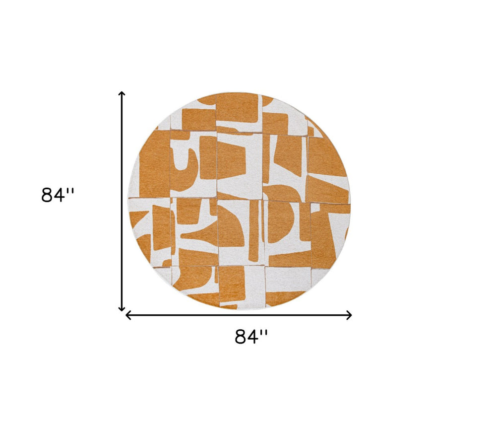 HomeRoots 8' Yellow and White Round Geometric Area Rug - Non-Skid, Durable, Modern Design for Any Room 551998