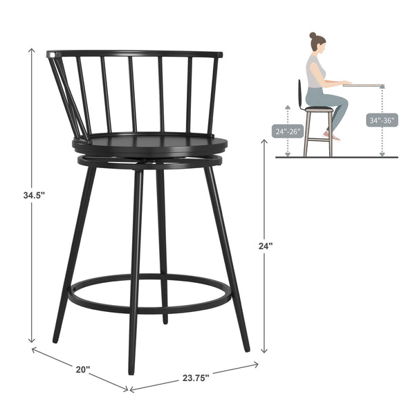Homelegance Lydford Windsor Back Swivel Counter Stool with Iron Frame for Kitchen Bar Seating Black 551SW-24BK