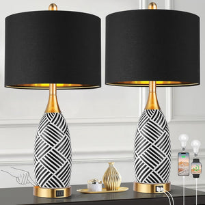English Elm 25.5" Ceramic Striped Bedside Lamp Set with Touch Dimmer Usb Charging Ports Warm Glow W3355P440679