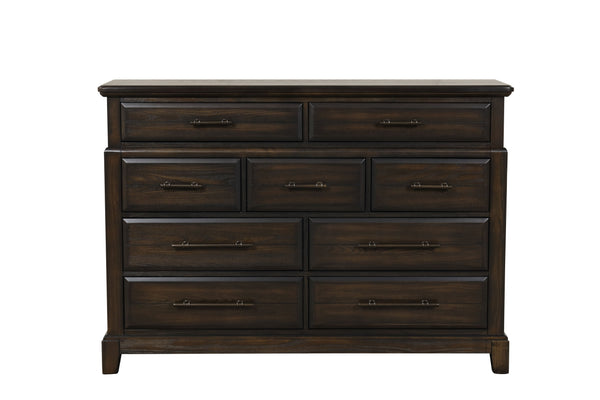 English Elm Queen Sleigh Bed Dark Mahogany Set with Dresser, Mirror, Chest & Nightstand — Solid Wood, Hardware B2699S00069
