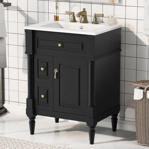 English Elm 24 Inch Freestanding Vanity with Ceramic Sink Rubberwood Frame Matte Finish Storage Black N725P356058B