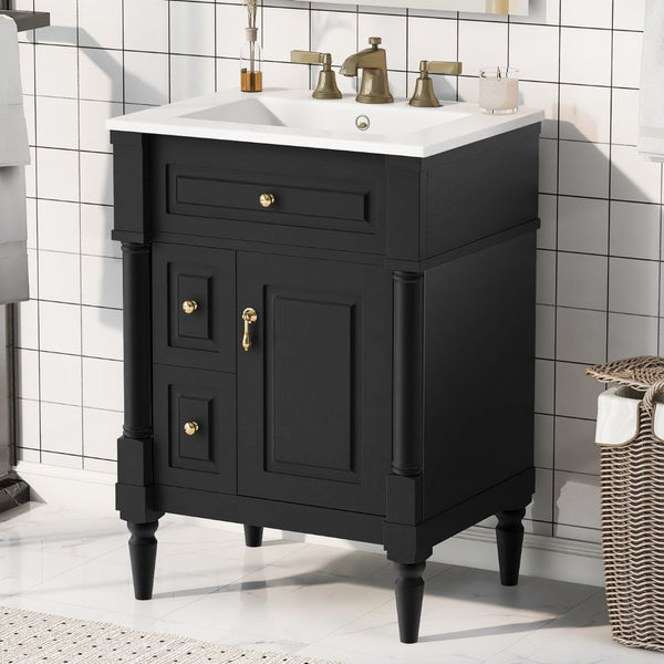 English Elm 24 Inch Freestanding Vanity with Ceramic Sink Rubberwood Frame Matte Finish Storage Black N725P356058B