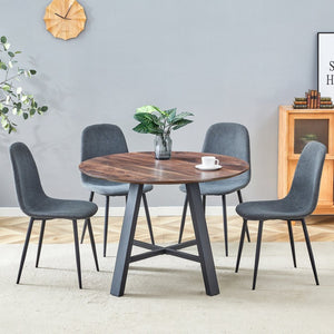 English Elm Table Set - 42" Modern Round Dining Table With 4 Dark Gray Linen Chairs & Sturdy Black Metal Legs W1151S03753-GIGA