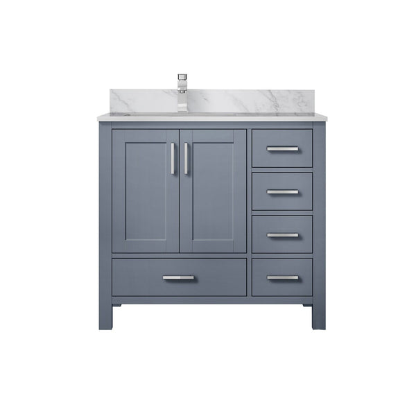 English Elm Dark Grey 36" Bath Vanity with Left Carrara Marble Top, Soft-Close Drawers, Chrome Faucet Set B2731P259029