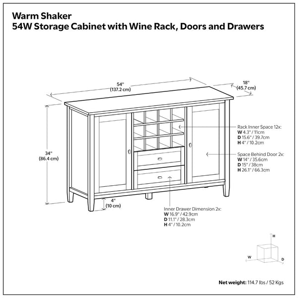 English Elm Warm Shaker Pine Buffet Cabinet with 12 Bottle Wine Rack and Drawer Storage B136P439013