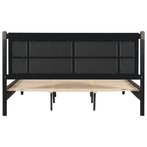English Elm Solid Pine King Platform Bed with Upholstered Headboard and Industrial Metal Accents Black,Dark Grey N770PK361419B