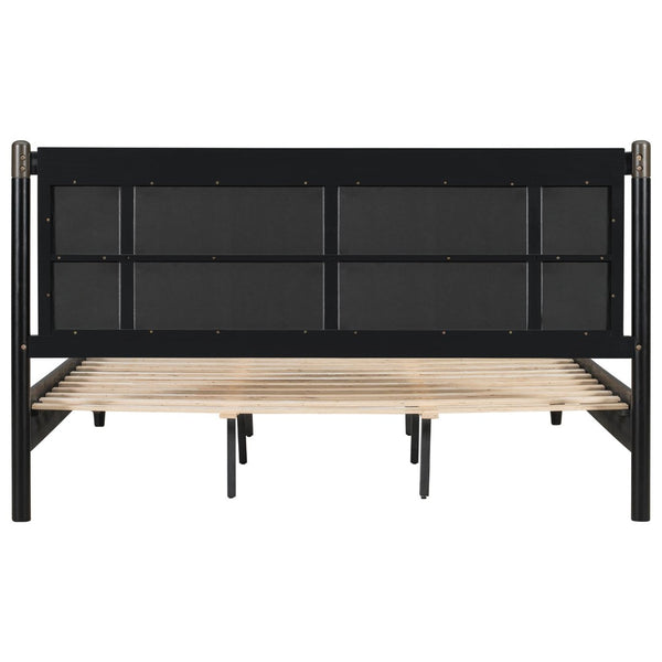 English Elm Solid Pine King Platform Bed with Upholstered Headboard and Industrial Metal Accents Black,Dark Grey N770PK361419B