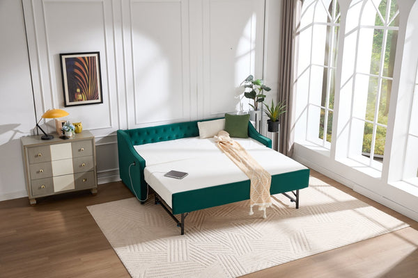 English Elm Twin Velvet Daybed with Pull Out Trundle Tufted Back Usb Port and Side Pockets Emerald W1361S00038