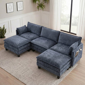 English Elm Modern Chenille Three Seat Sofa with Ottoman Usb Charging Ports and Storage Pockets Blue W2519S00004