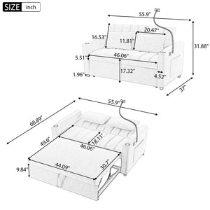 English Elm 55.9" Convertible Sofa Bed Loveseat Sofa With Three Usb Ports, Two Side Pockets, Two Cup Holders and 360°Swivel Phone Holder For Living Room, Light Grey