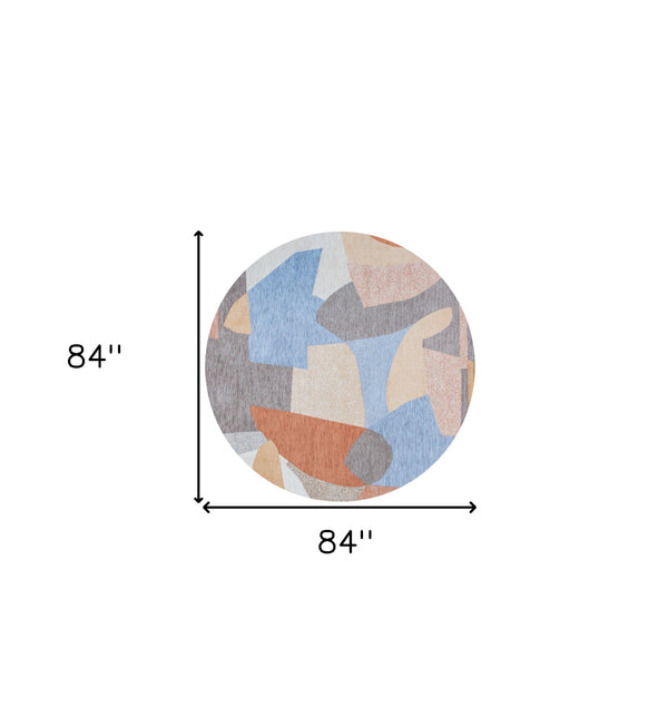 Homeroots 8' Blue And Gray Round Abstract Non Skid Area Rug  100% Pet 552019