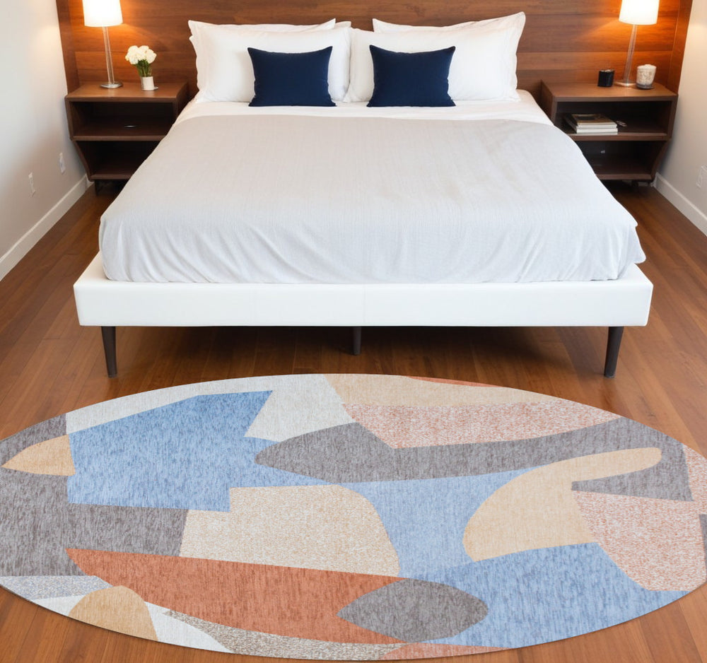 Homeroots 8' Blue And Gray Round Abstract Non Skid Area Rug  100% Pet 552019