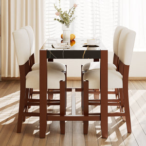 English Elm 5-Piece Counter Height Dining Set with Faux Marble Top and Upholstered Seats, Mid-Century Pub Charm Black+Beige N752S000086D