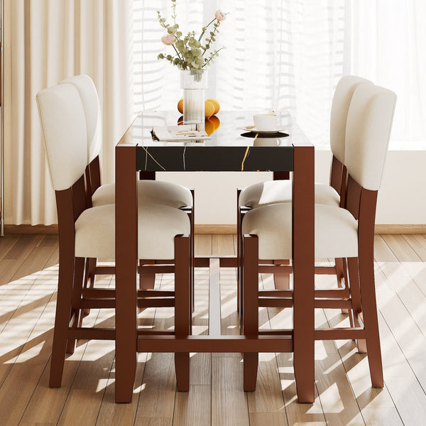 English Elm 5-Piece Counter Height Dining Set with Faux Marble Top and Upholstered Seats, Mid-Century Pub Charm Black+Beige N752S000086D
