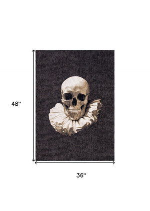 HomeRoots 3' X 5' Black and White Funky Skull Area Rug - Non-Skid, Stylish Accent for High-Traffic Spaces 552041