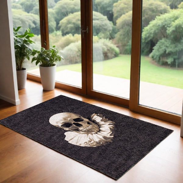 HomeRoots 3' X 5' Black and White Funky Skull Area Rug - Non-Skid, Stylish Accent for High-Traffic Spaces 552041