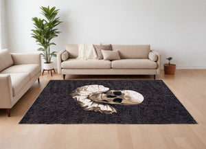 Homeroots 6' X 8' Black And White Funky Skull Non Skid Area Rug  100% Pet 552043