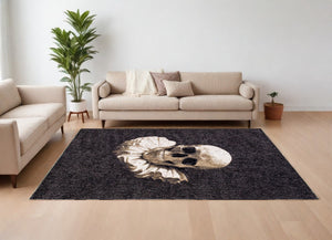HomeRoots 9' X 13' Funky Skull Area Rug – Modern Black & White Non-Skid Accent for Living Spaces & Bedrooms 552046