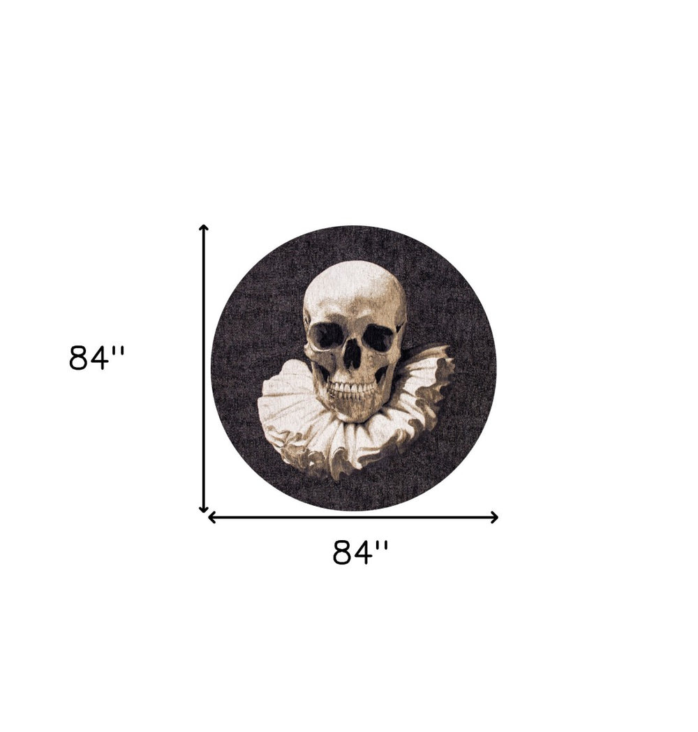 HomeRoots 8' Striking Black and White Round Area Rug with Funky Skull Design – Non-Skid, Soft, Easy Care! 552047