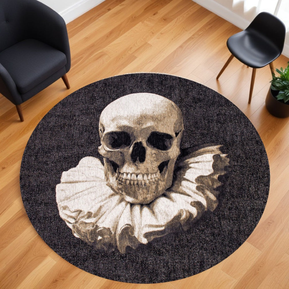 HomeRoots 8' Striking Black and White Round Area Rug with Funky Skull Design – Non-Skid, Soft, Easy Care! 552047