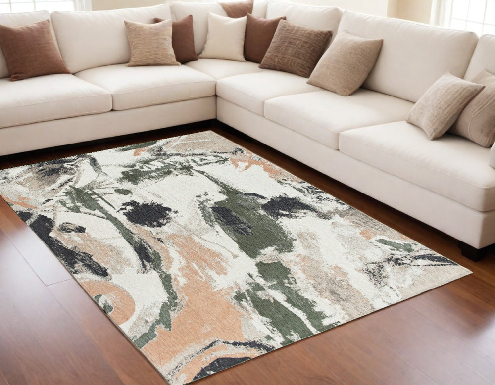 HomeRoots 5' Modern Gray and Orange Abstract Non-Skid Area Rug – Stylish, Durable Design for Any Space 552056