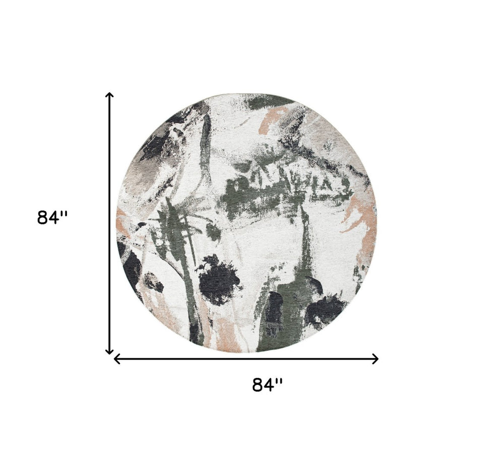 HomeRoots 8' Gray and Orange Round Abstract Area Rug – Non-Skid, Modern Geometric Design for Any Space 552061