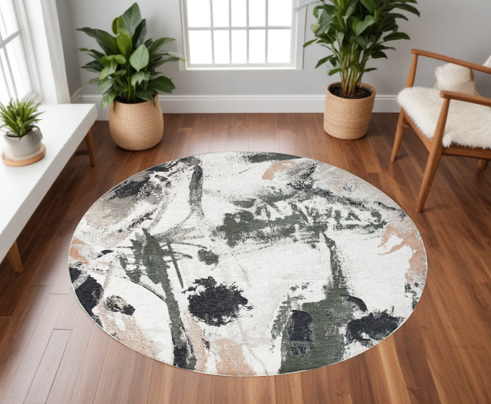 HomeRoots 8' Gray and Orange Round Abstract Area Rug – Non-Skid, Modern Geometric Design for Any Space 552061