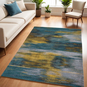 Homeroots 5' X 7' Blue And Yellow Abstract Non Skid Area Rug  100% Pet 552075