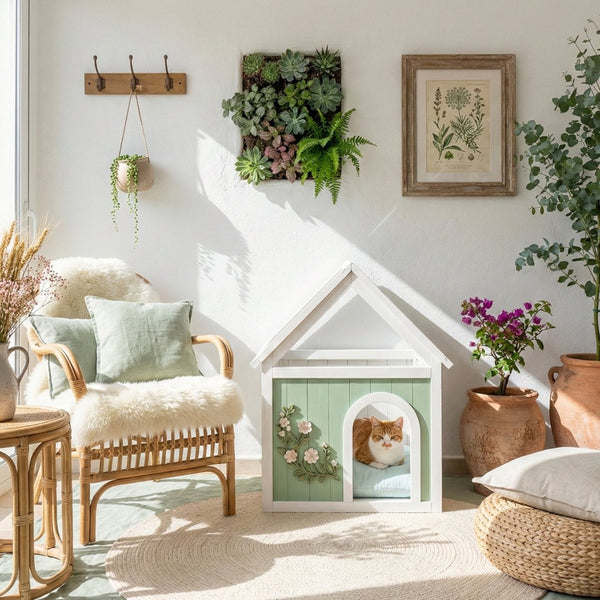 English Elm Sage Cedar Pet House with Acrylic Roof Hand Carved Decor for Cats and Small Dogs W3799P382569