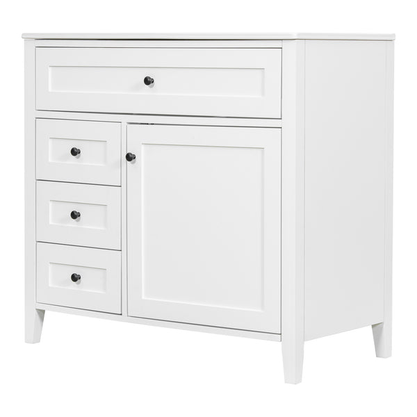 English Elm 36-Inch White Bathroom Vanity With Sink, Modern Mdf & Rubberwood, 3 Drawers & Adjustable Shelf Storage N725P350821K