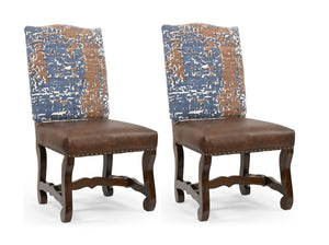 HomeRoots Set of Two Rustic Solid Wood Dining Side Chairs with Chenille and Leather Upholstery for Comfort 552133