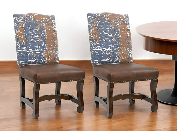 HomeRoots Set of Two Rustic Solid Wood Dining Side Chairs with Chenille and Leather Upholstery for Comfort 552133