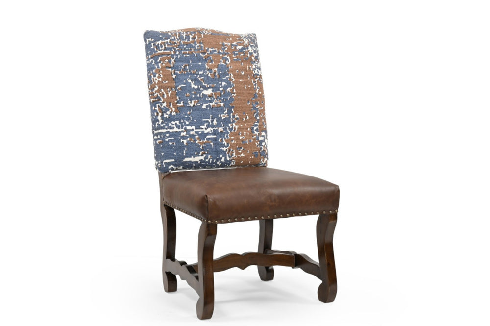 HomeRoots Set of Two Rustic Solid Wood Dining Side Chairs with Chenille and Leather Upholstery for Comfort 552133