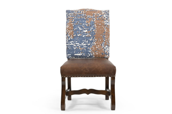 HomeRoots Set of Two Rustic Solid Wood Dining Side Chairs with Chenille and Leather Upholstery for Comfort 552133