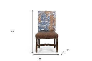 HomeRoots Set of Two Rustic Solid Wood Dining Side Chairs with Chenille and Leather Upholstery for Comfort 552133